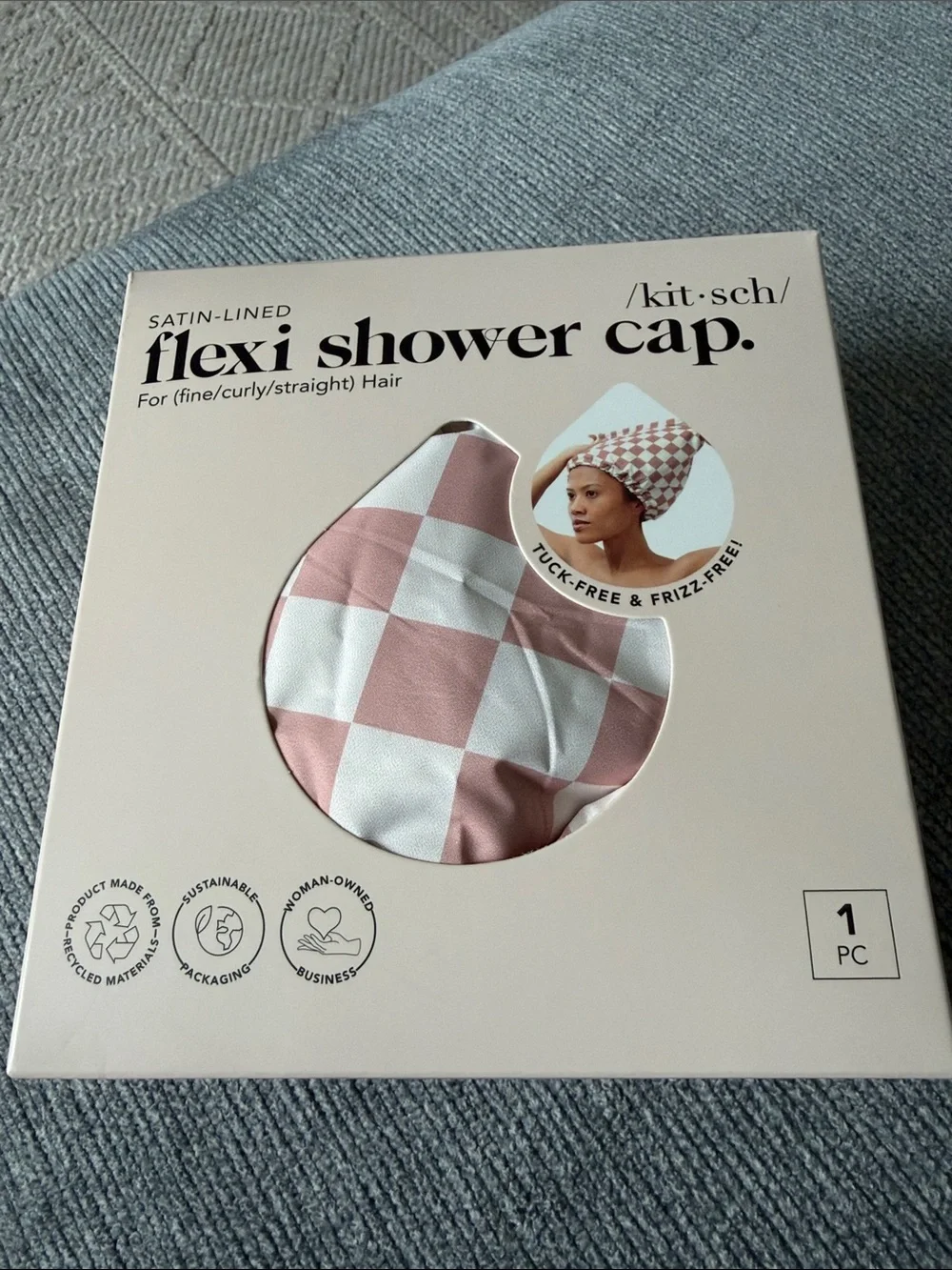 Kitsch Satin Lined Flexi Shower Cap - Terracotta Checker New